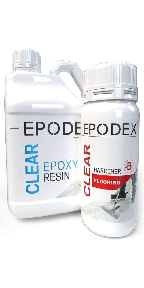 A bottle of EPODEX clear epoxy resin for flooring.