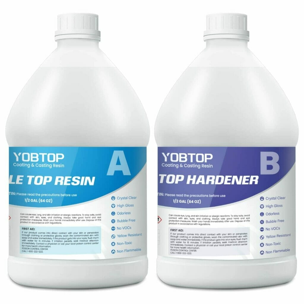 Two bottles of YOBTOP tabletop epoxy resin hardener.