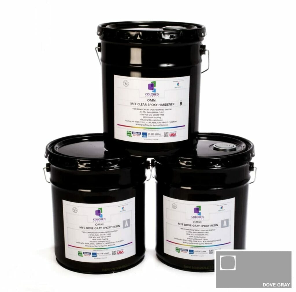 Three black buckets filled with colored Epoxies, set against a white background.