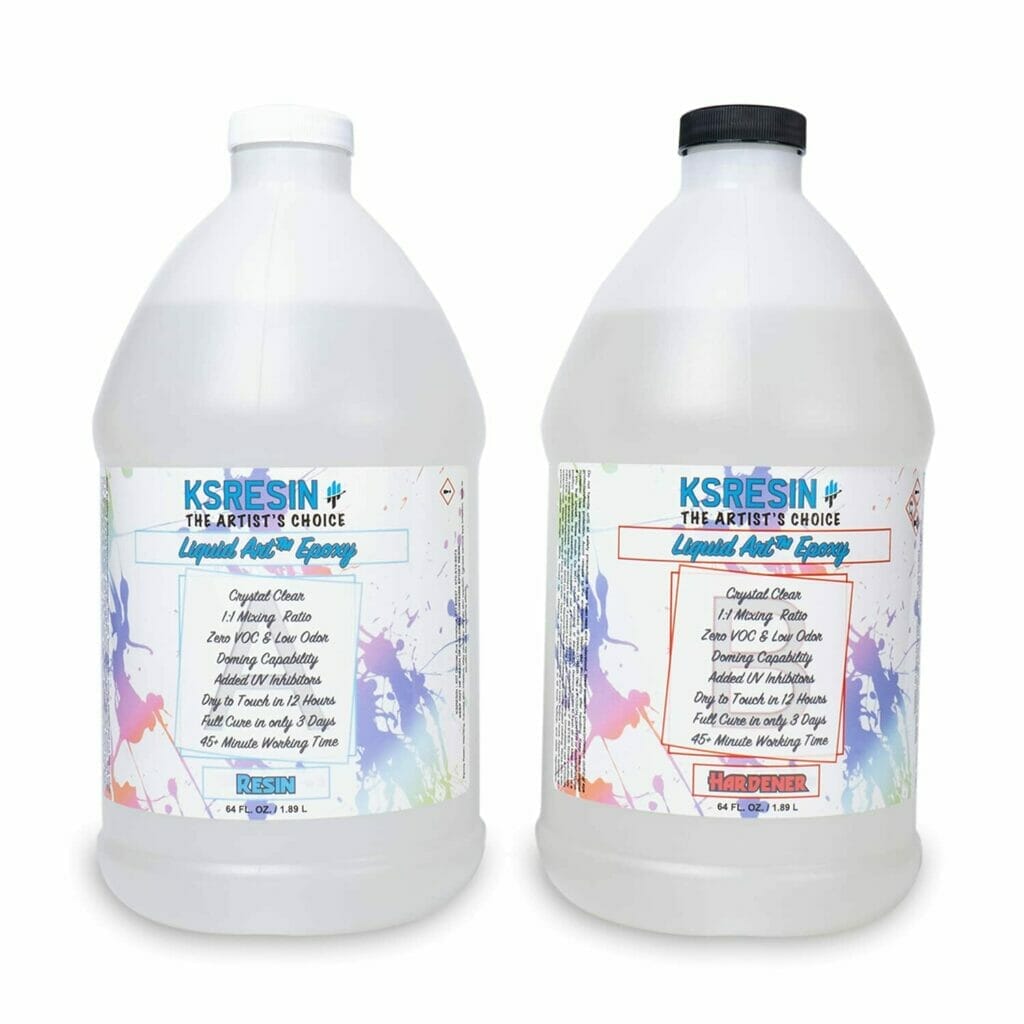 Review: Two gallons of epoxy resin liquid art on a white background.