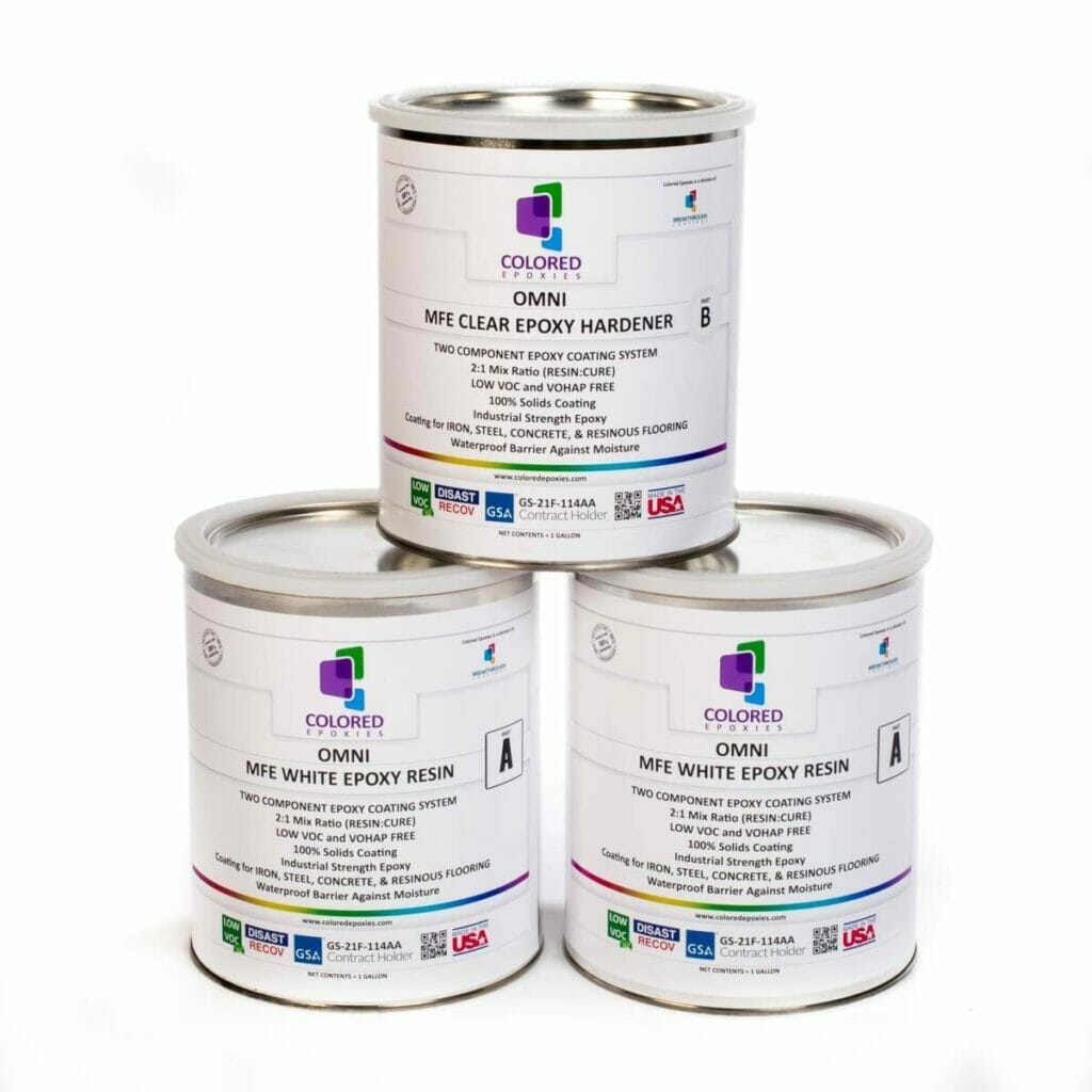 Three tins of Colored Epoxies paint on a white background.