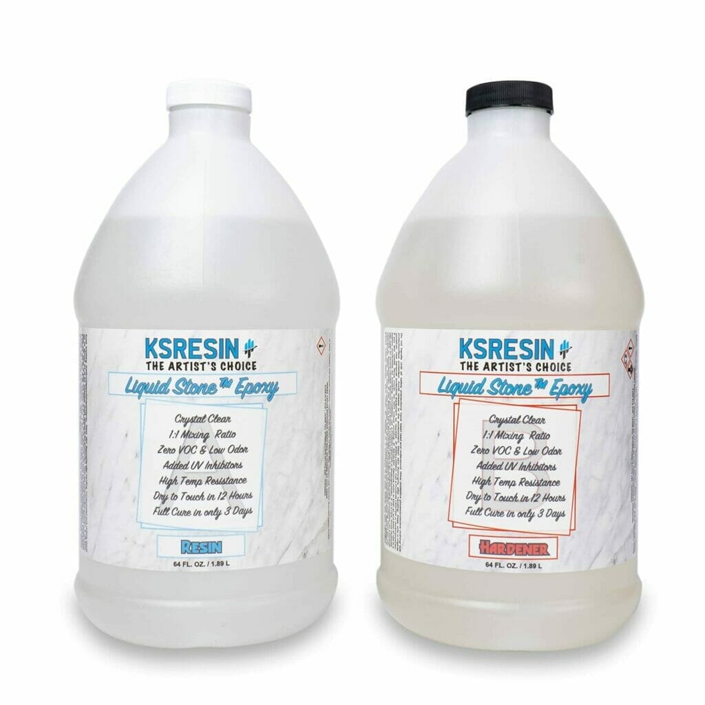 Two gallons of KSRESIN Liquid Stone Epoxy Resin on a white background.