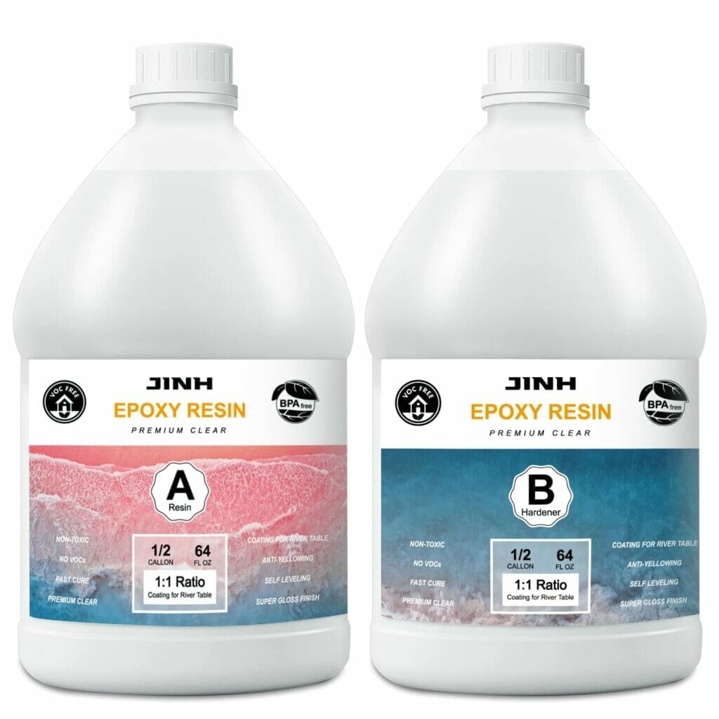 Two bottles of JINH epoxy resin on a white background.