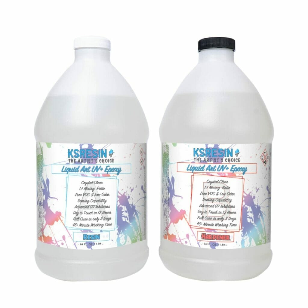 Two gallons of UV Epoxy Resin liquid paint on a white background.