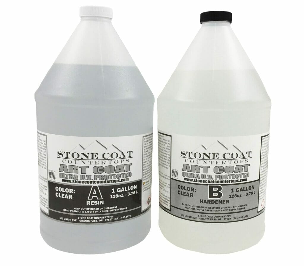 Two gallons of Stone coat epoxy resin and Art Coat for Stone Coat Countertops, including abrasive cleaner.