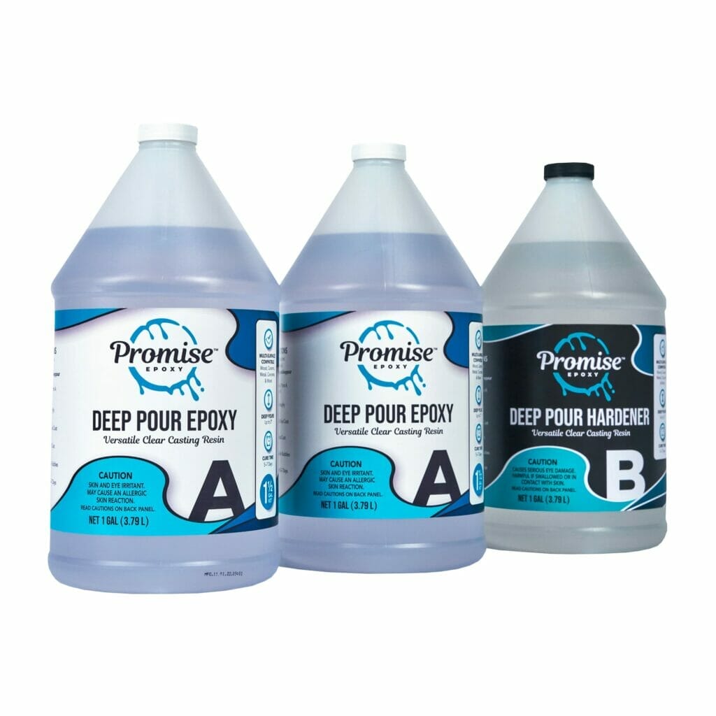 Three gallons of deep pour epoxy on a white background.
