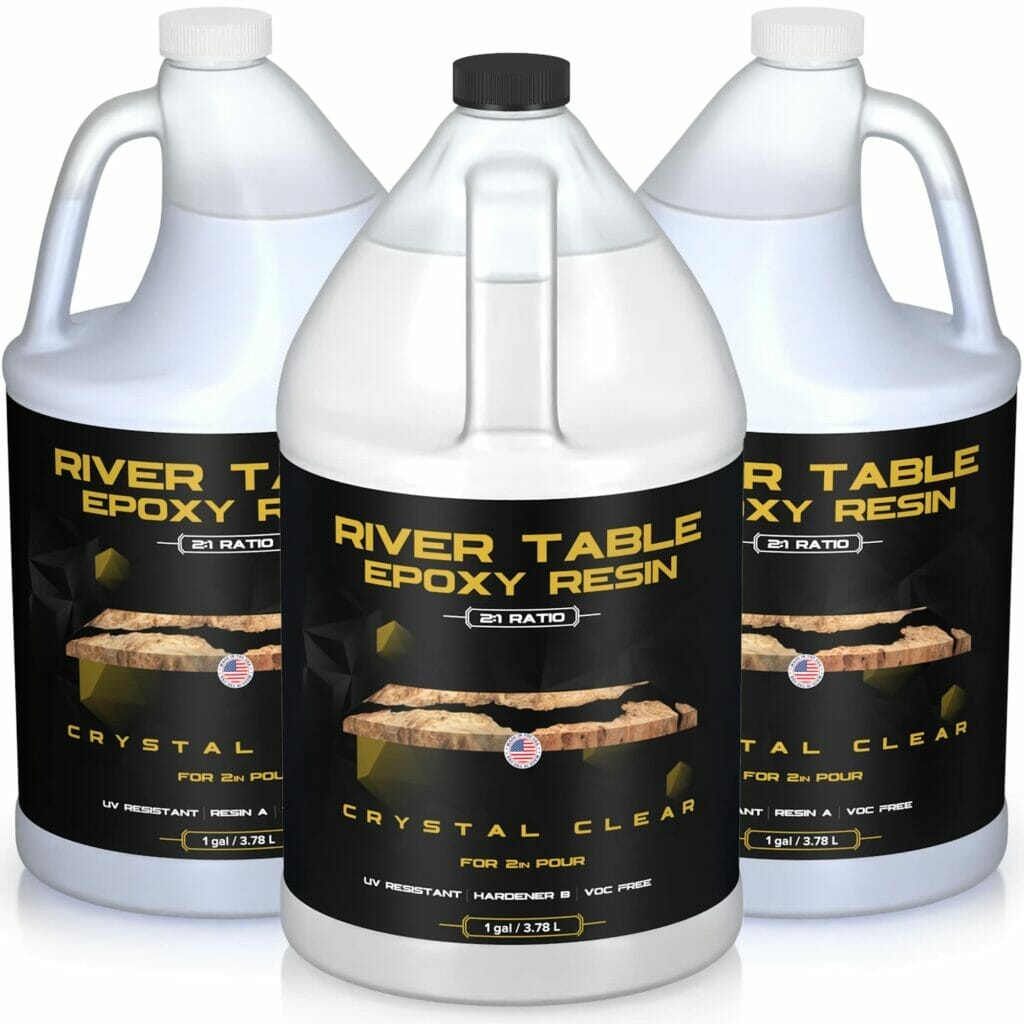 Three gallons of Prestige Resins river table epoxy resin, crystal clear.