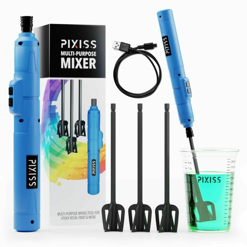 The Pixiss blue mixer is shown with a bottle of liquid and a bottle of water.