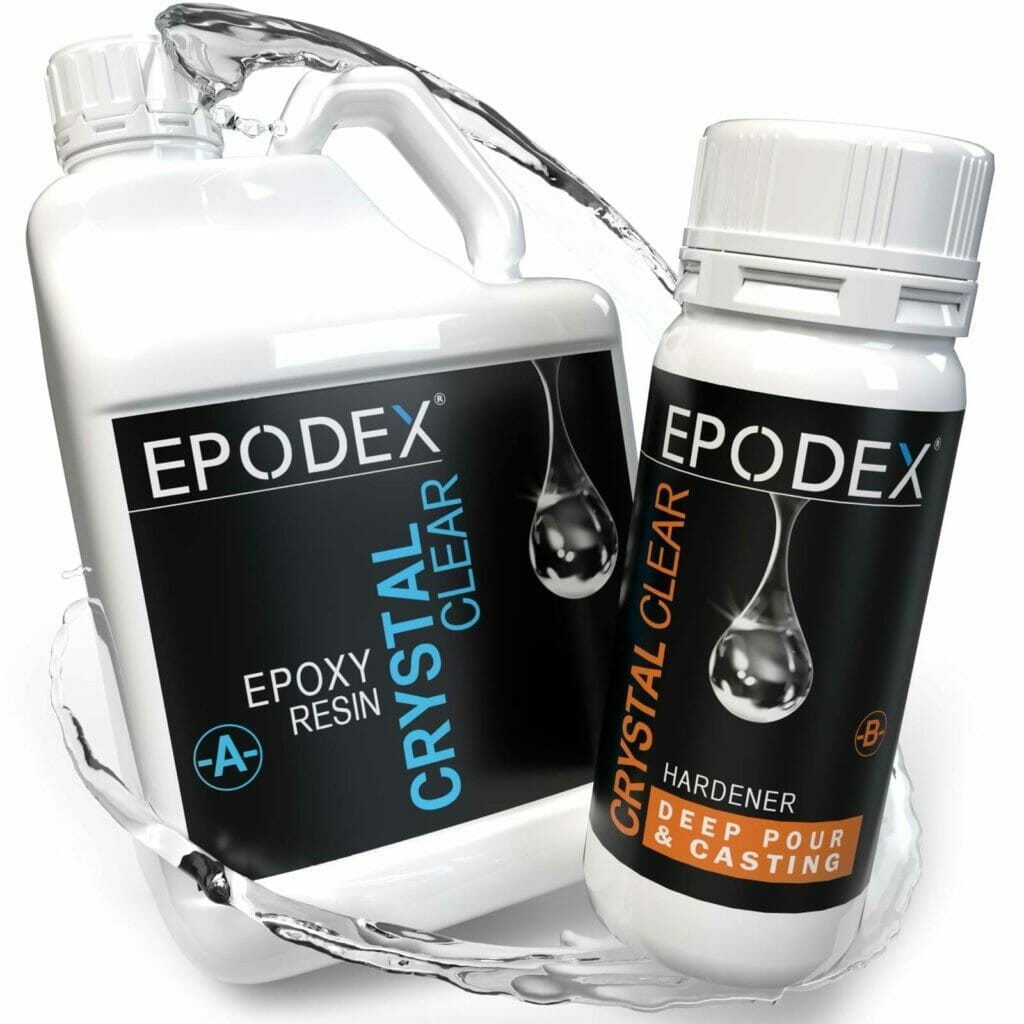Two bottles of EPODEX crystal resin for a deep pour epoxy resin project, accompanied by a bottle of water.