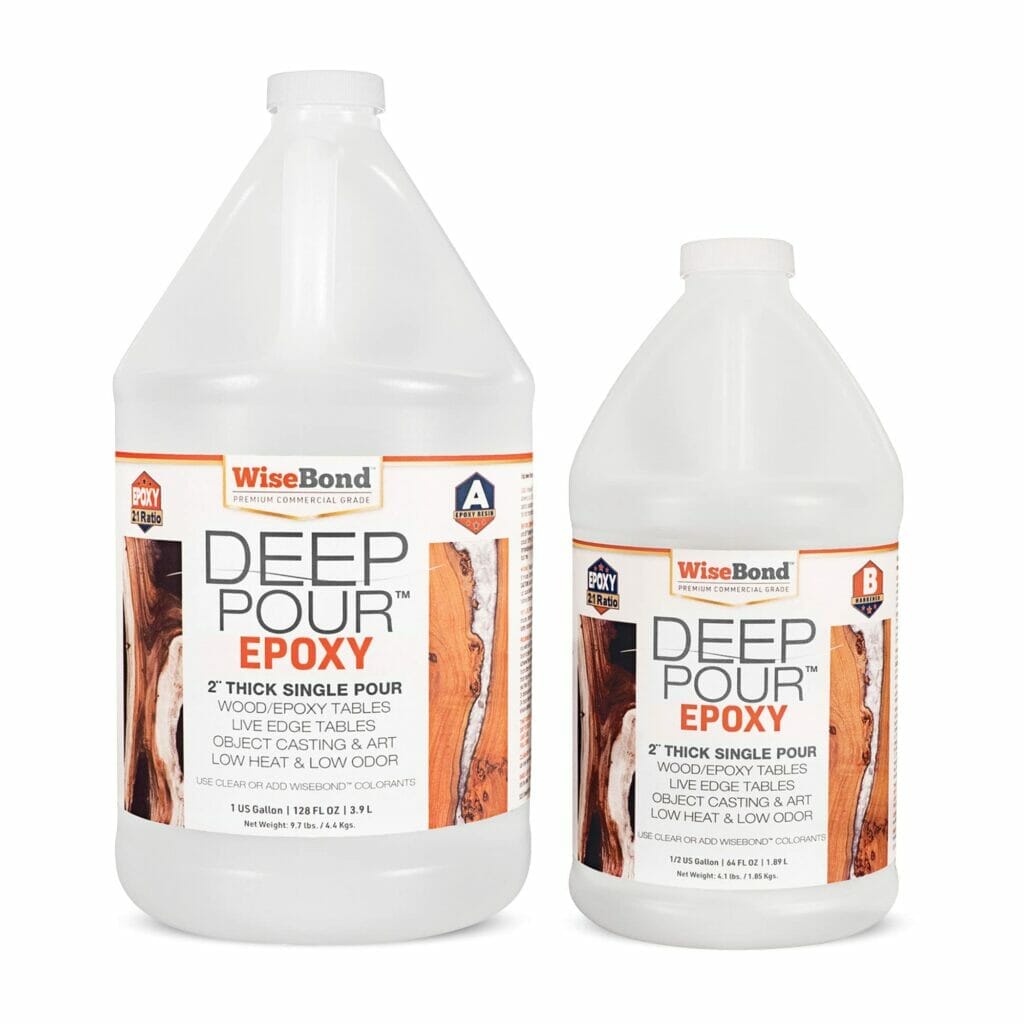 A review of WiseBond's deep pour epoxy resin, showcasing two bottles on a white background.
