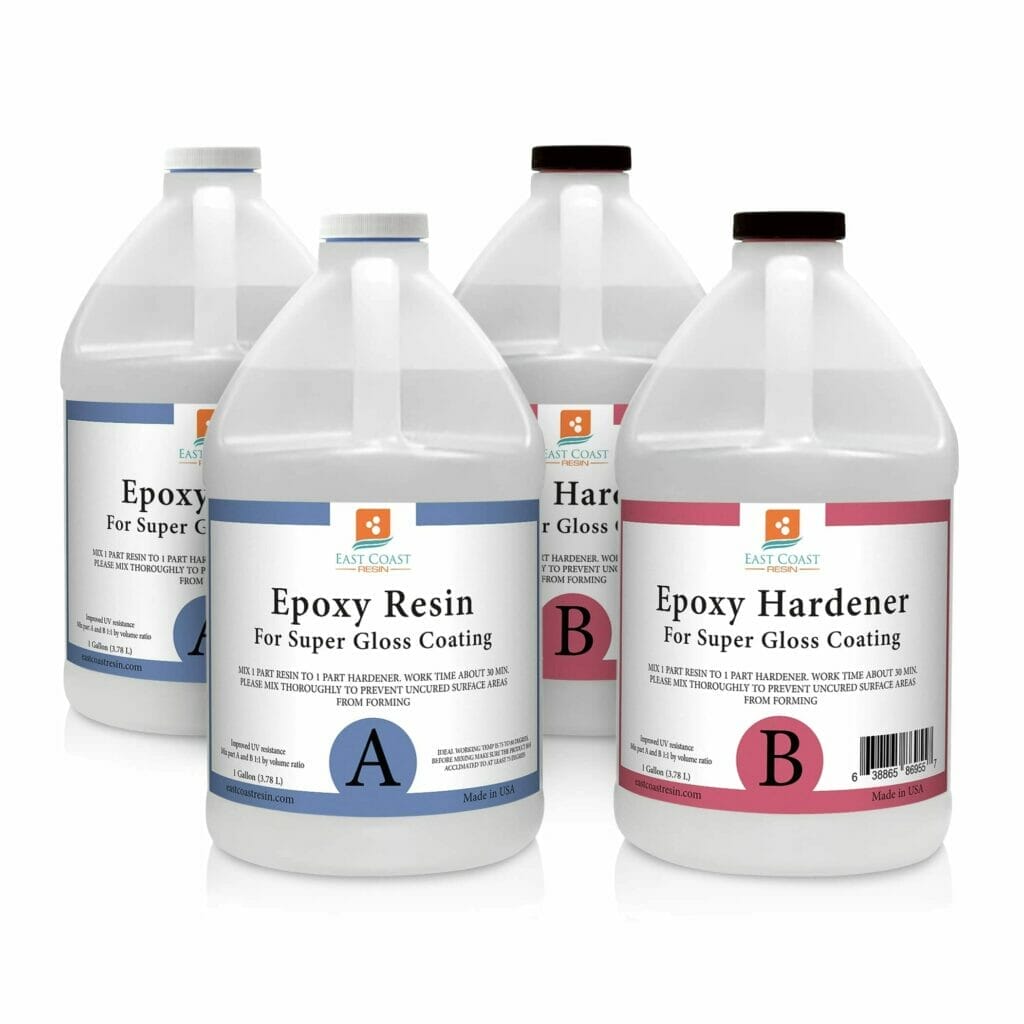 A review of three bottles of Super Gloss Epoxy by East Coast Resin is showcased on a white background.