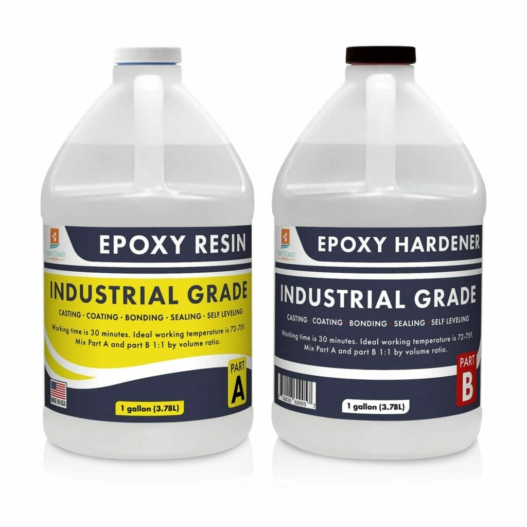 Two gallons of East Coast Resin, an industrial grade epoxy, on a white background.