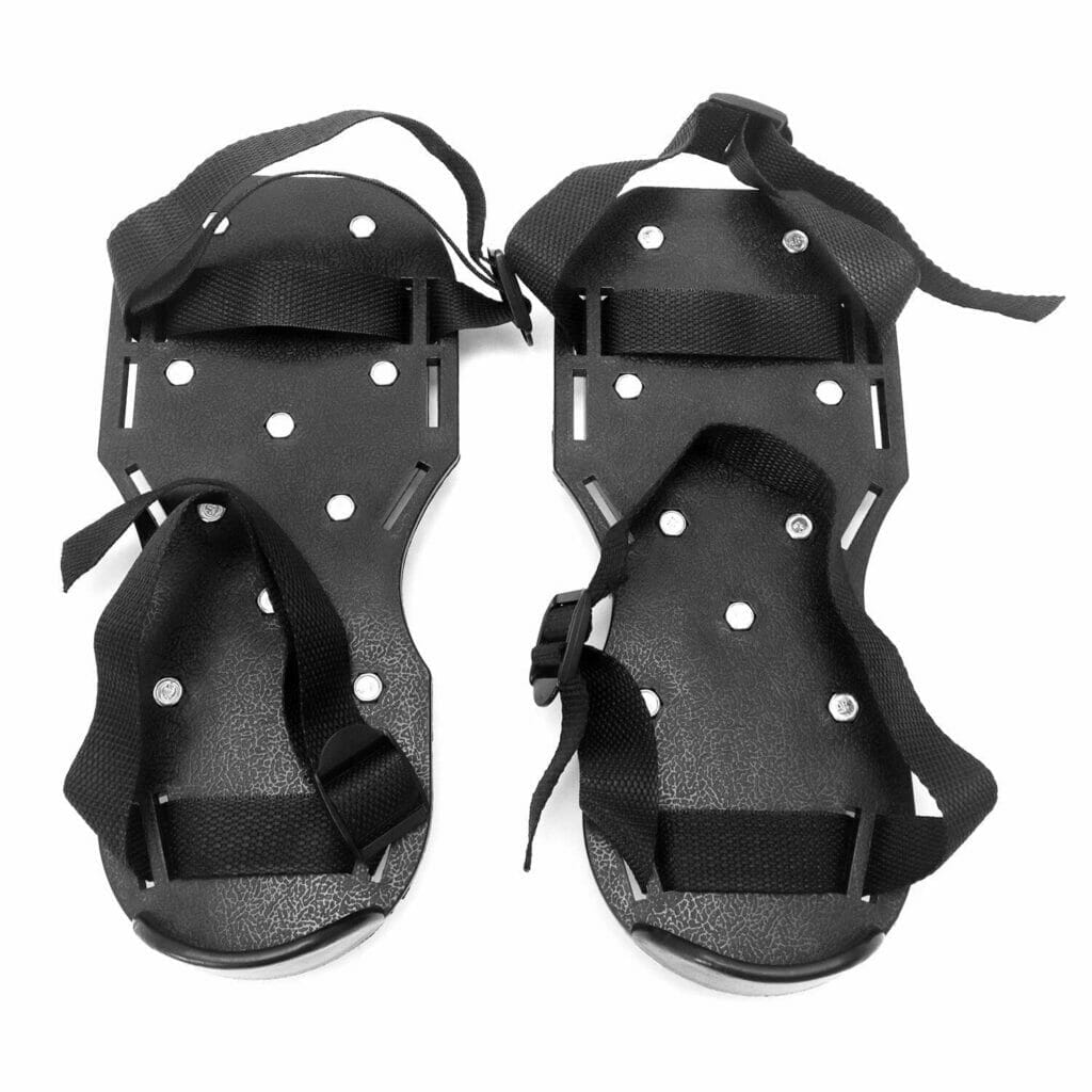 A pair of black sandals on a white background with a review.