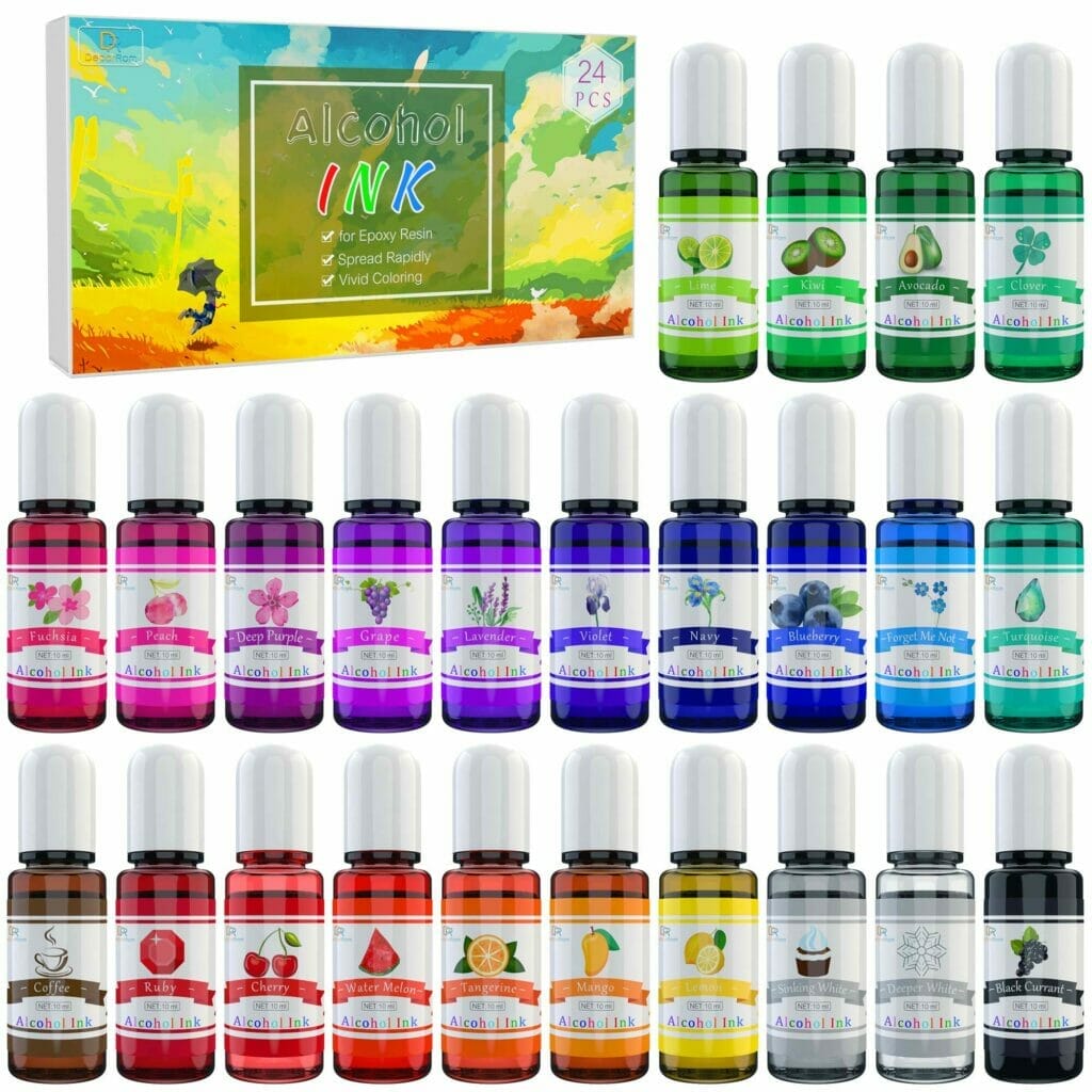 A vibrant Alcohol Ink Set of different colored oils, perfect for Epoxy Resin Art projects. Explore your creativity with this DecorRom box of versatile and high-quality inks.