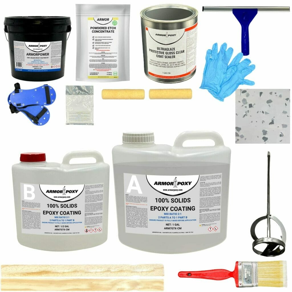 A review of an epoxy kit for garage floor with a bucket, gloves, and a paint brush.