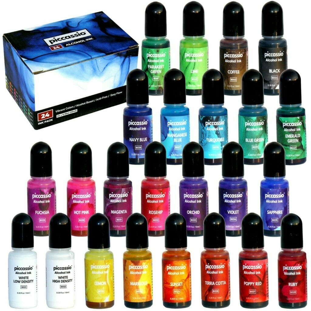 A box of Alcohol Inks in front of a box.