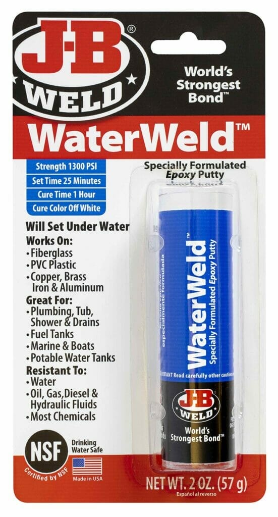 J-B Weld WaterWeld is a highly reliable and versatile epoxy putty stick that excels in fixing water-related damages. Its unique formulation allows it to bond strongly to a variety of surfaces