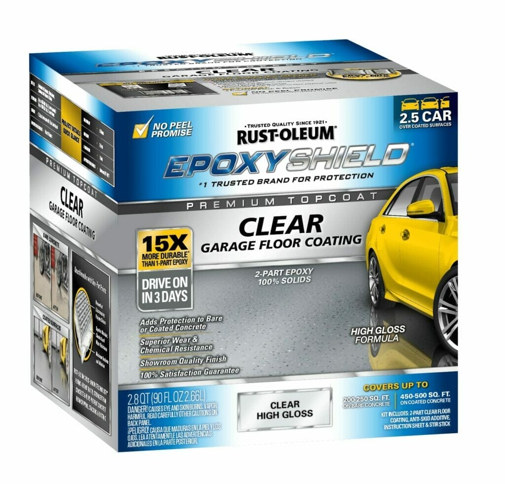 The Rust-Oleum EpoxyShield is a premium floor coating kit that provides a clear and durable epoxy shield for your garage floor.