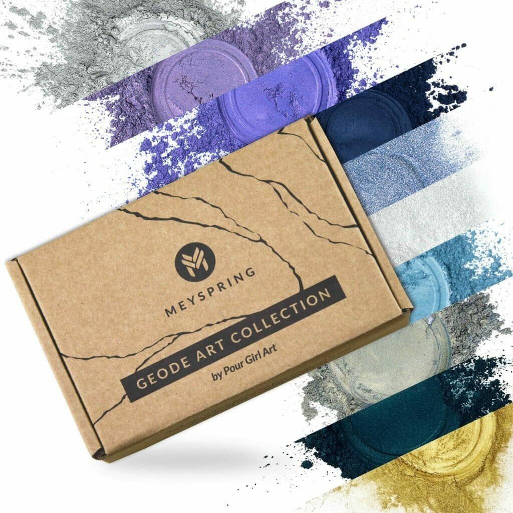 A MEYSPRING box showcasing the vibrant Mica Powder from the Geode Art Collection.