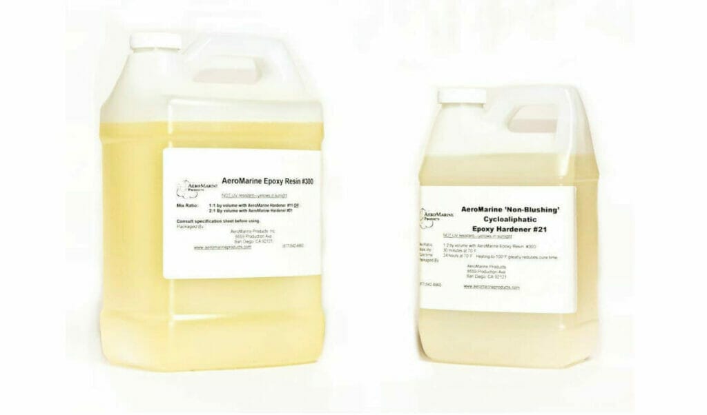 A gallon of yellow liquid and a gallon of white liquid used for Epoxy Resin.