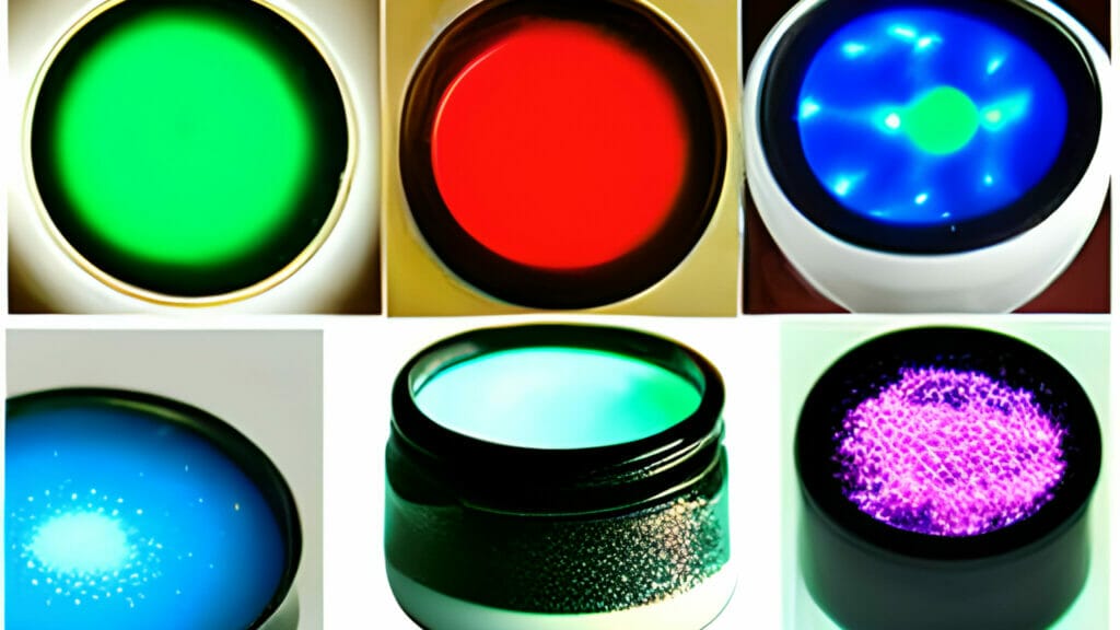 A mesmerizing collection of glow in the dark liquids suspended in an epoxy resin-filled jar.