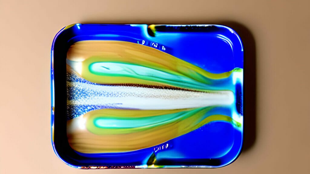 A blue and yellow rolling tray with a swirl design.