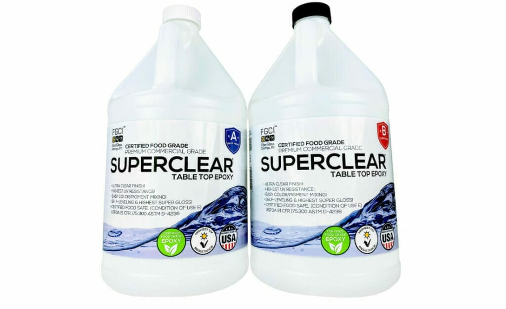 Two bottles of SuperClear tabletop epoxy resin on a white background.