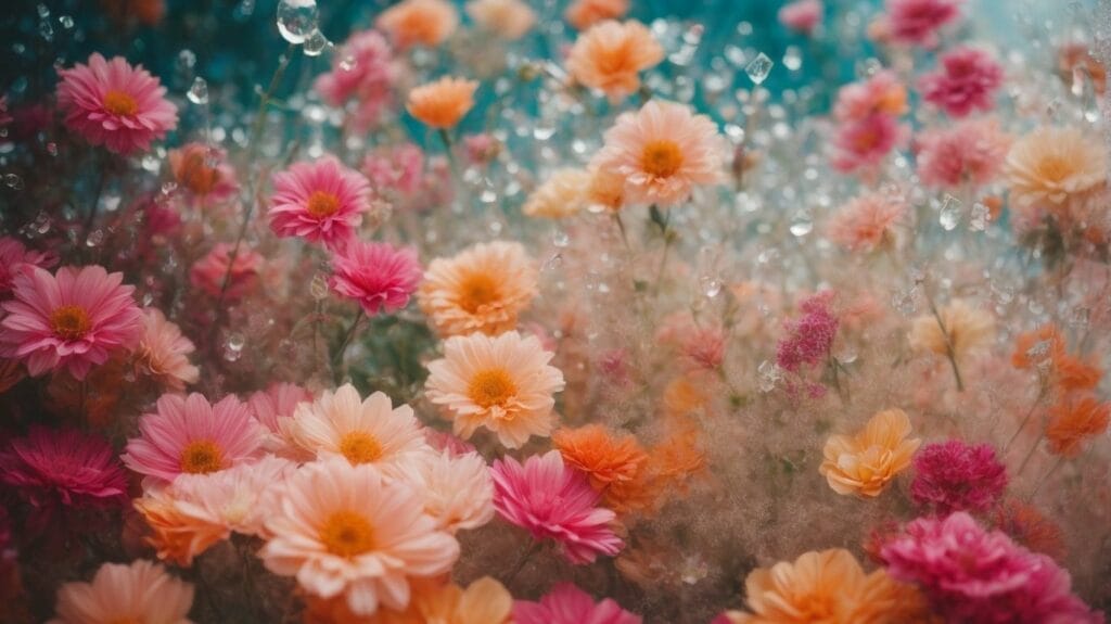 A guide to resin flowers, showcasing beautiful pink and orange blooms adorned with glistening water droplets in the background.