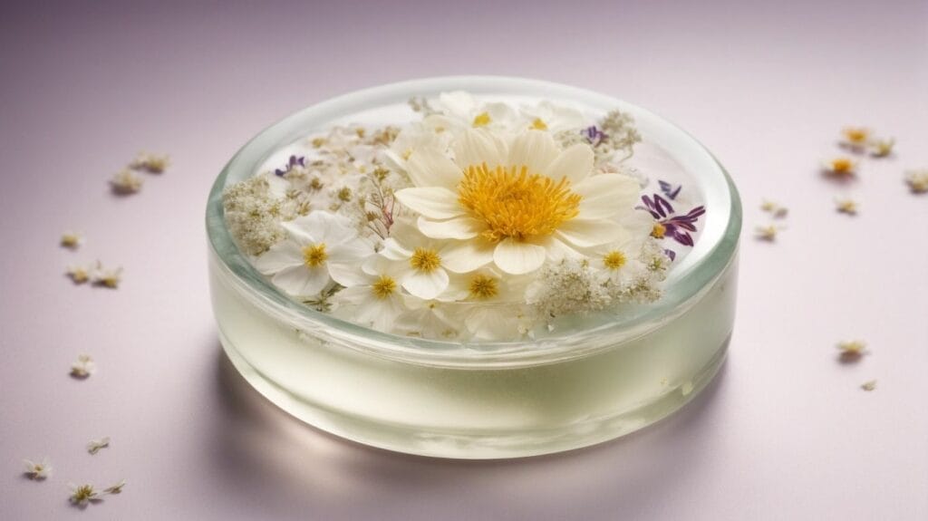 Preserved white flowers in a glass bowl on a pink background.