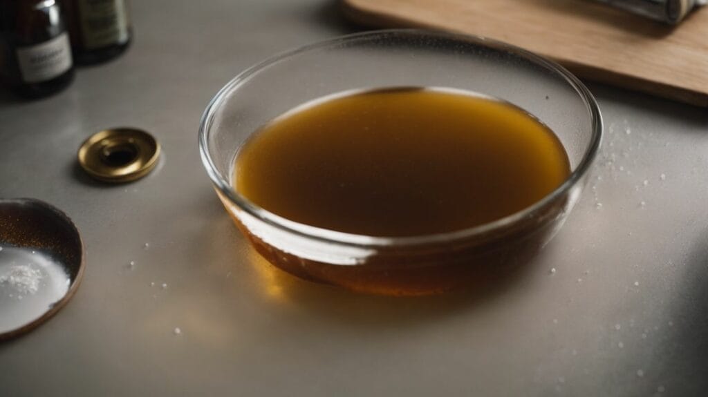 A bowl of thin brown sugar syrup on a table next to other ingredients.