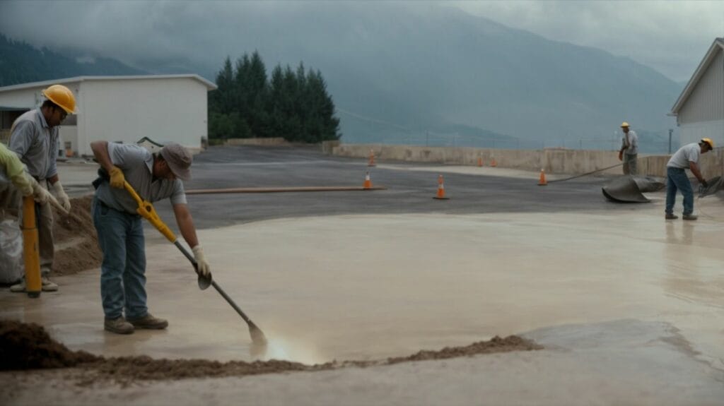 A group of men working on concrete resurfacing of a driveway.