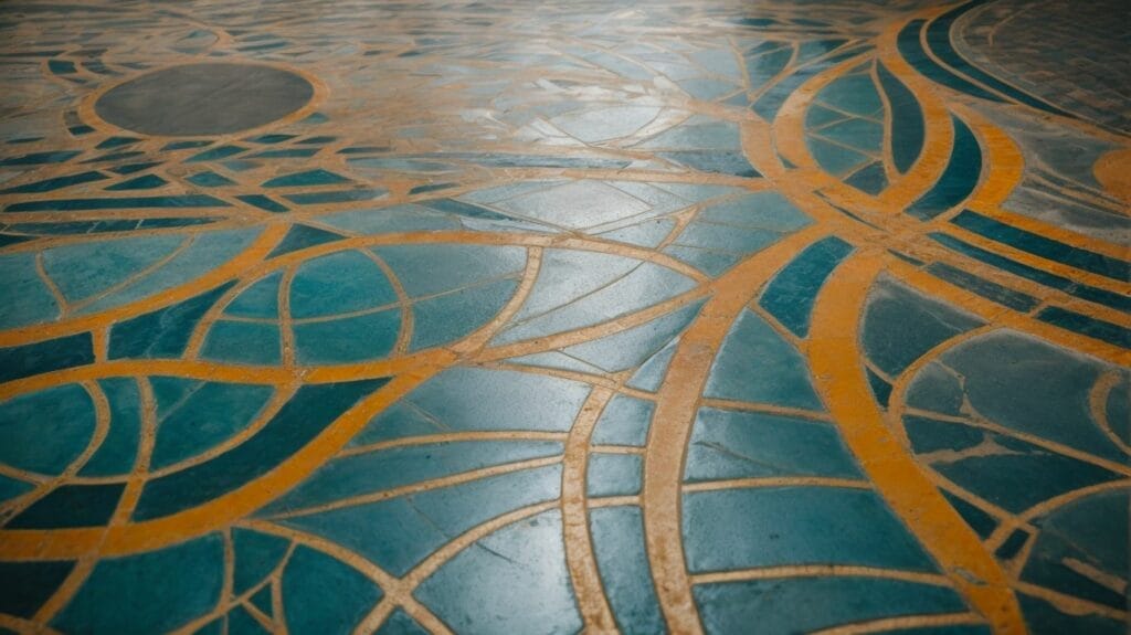 A decorative blue and gold tiled floor in a room.