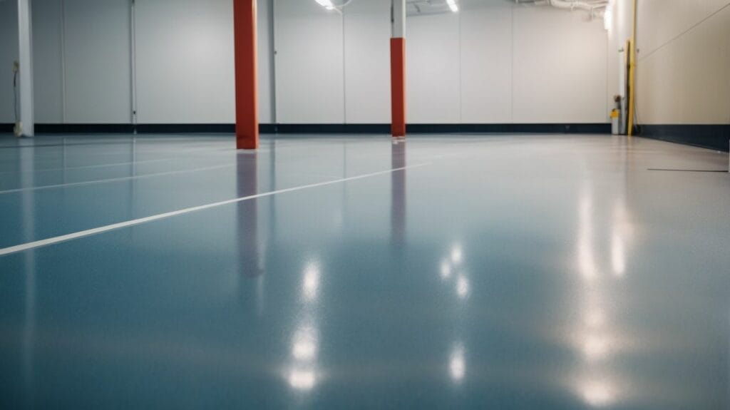 A large warehouse with a blue epoxy flooring.