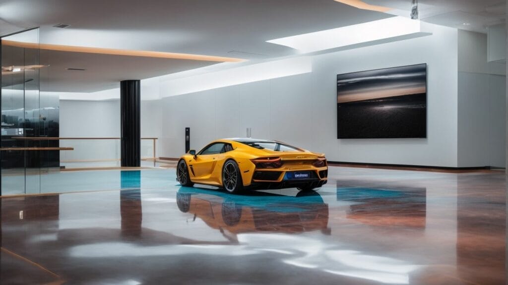 A yellow aston martin sports car parked on epoxy flooring in a room.