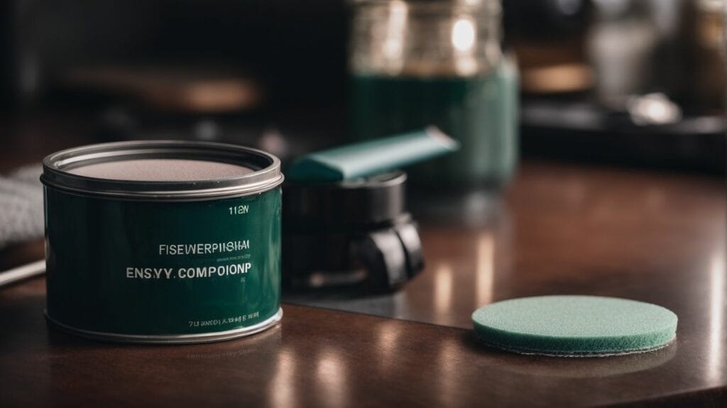 A can of green epoxy sitting on a table.
