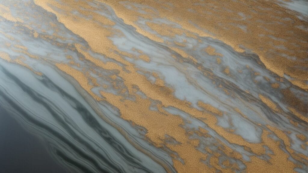 A close up of a gold and black epoxy resin countertop surface.