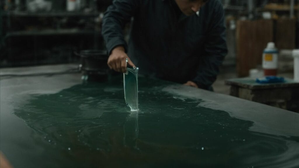 A man pouring liquid on a table in a factory, using a thin knife.