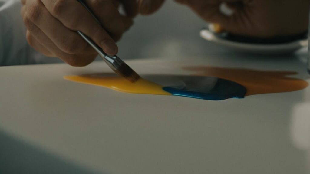 A person is using a paint brush to apply a second coat of resin on a table.