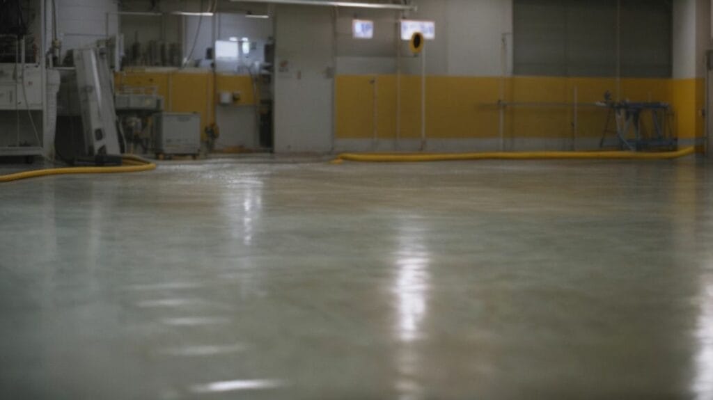 A warehouse with a concrete floor coated in epoxy flooring for easy cleaning and maintenance, and equipped with yellow hoses for efficient use.