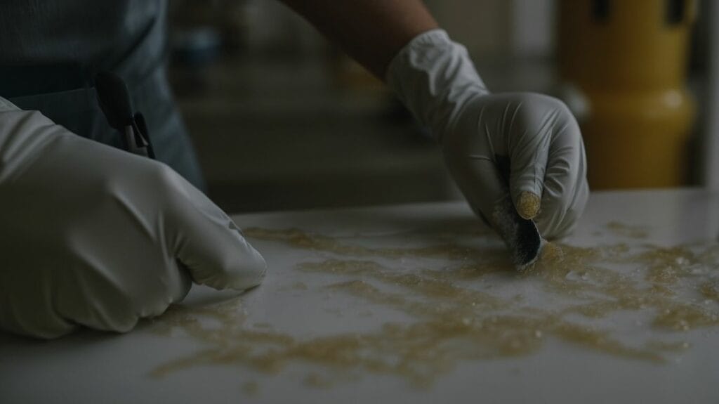 A person in white gloves is cleaning up, carefully slicing a piece of gum.