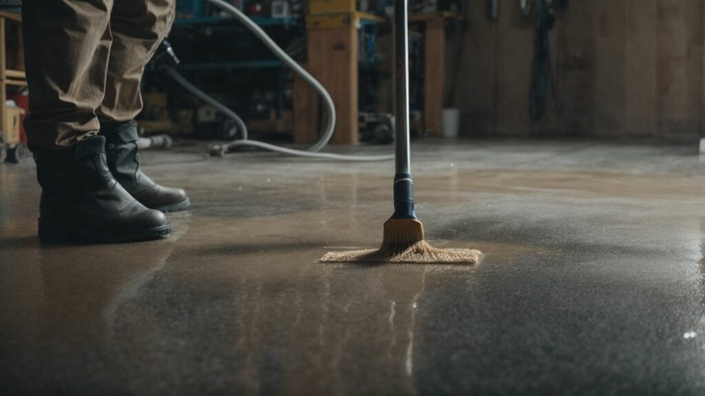 A person meticulously prepping a garage floor with a broom before applying epoxy.