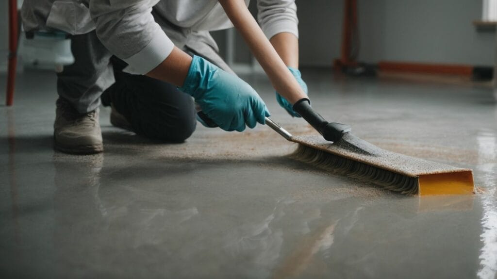 A person using a broom to remove dirt and debris from a floor.