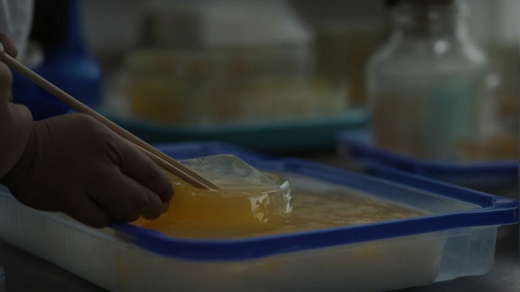 A person is using thin chopsticks to stir epoxy resin in a container.