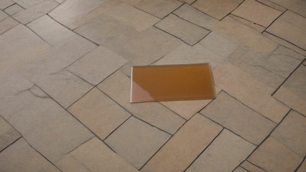 A brown square is sitting on a tiled floor covered in epoxy flooring.
