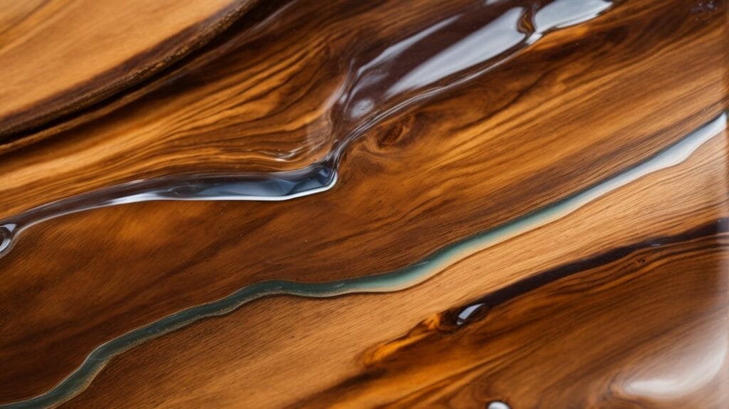 A close up of a wooden surface treated with food-safe epoxy resin, with water droplets on it.