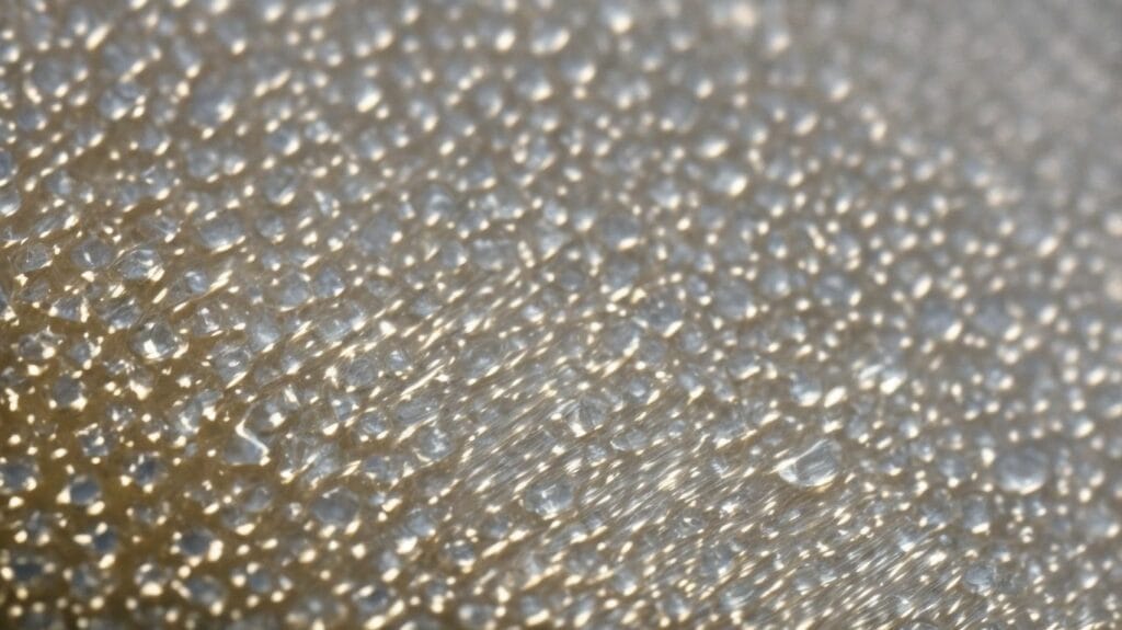 A close up photo of water droplets on a waterproof metal surface.