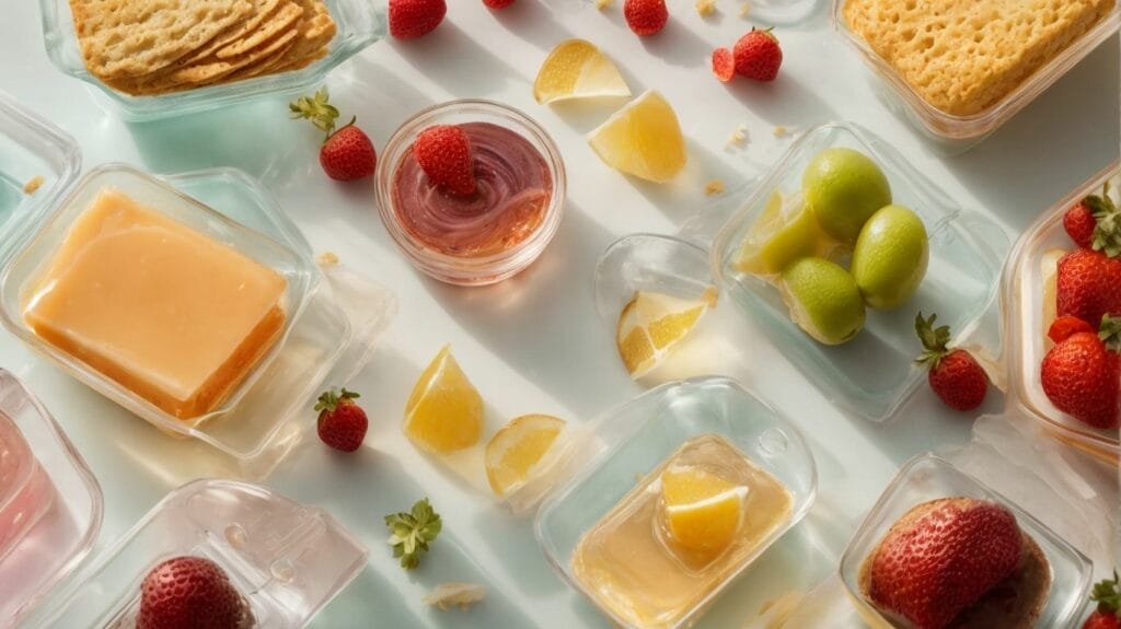 A variety of fruit, cheese, crackers, and crackers on a white surface coated with Liquid Glass Epoxy for a food-grade finish.