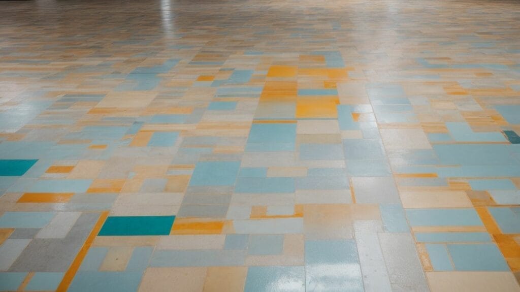 An empty room with a vibrant blue and yellow epoxy flooring.