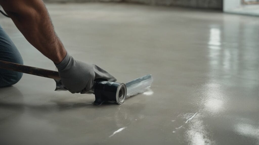 Description: A DIY enthusiast is using a tool to apply epoxy flooring to a floor.