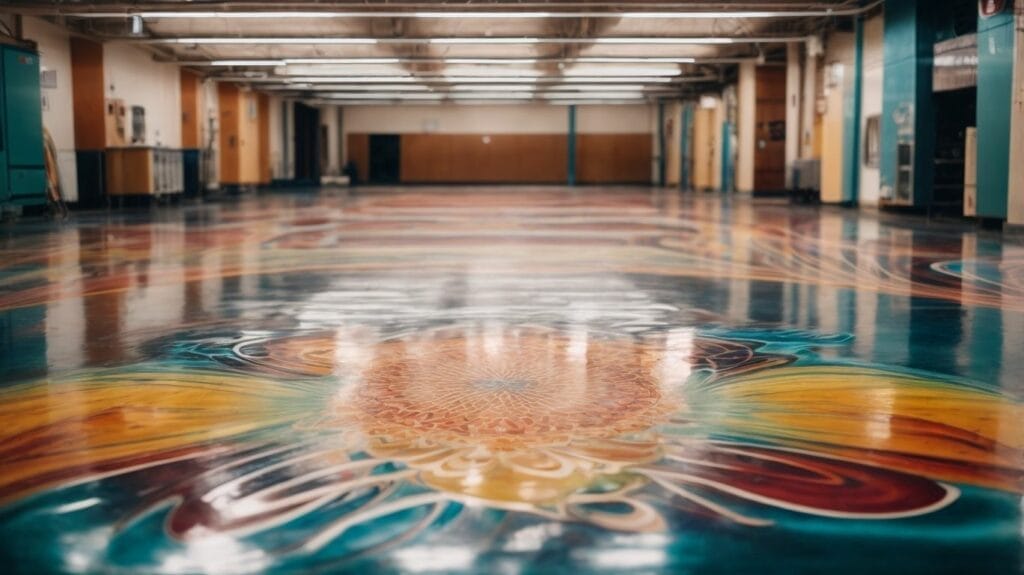 A DIY colorful floor with a flower painted on it, following the Epoxy Floor Guide.